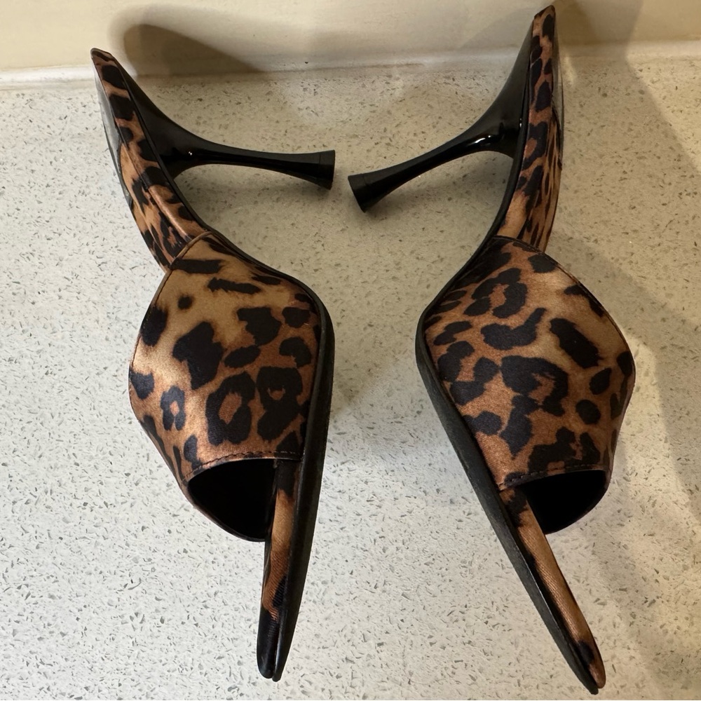 JEFFREY CAMPBELL Beige Black Cheetah Satin Animal Print Heeled Mules - Picture 6 of 9